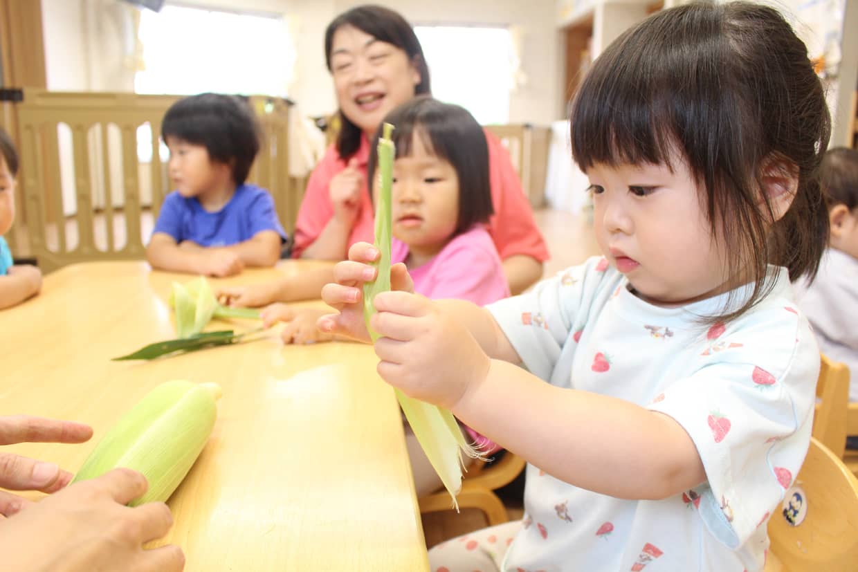 エンゼル保育園でのとうもろこしの皮剥きの様子4